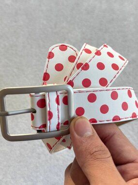 Belt with Red Polka Dots in White Faux Leather and Silver-Tone Buckle